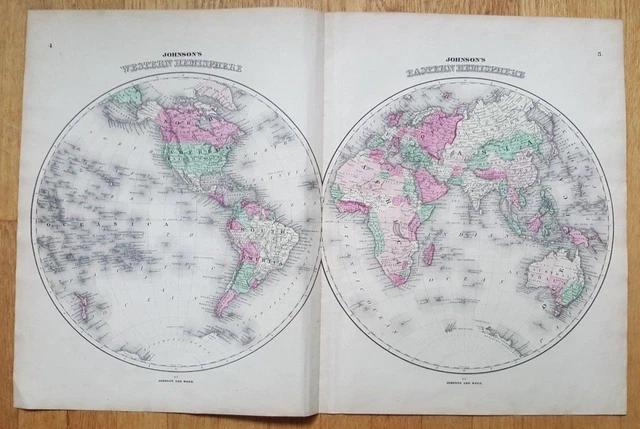 Antique MAP OF THE WESTERN & EASTERN HEMISPHERE - Johnson's Family Atlas 1863