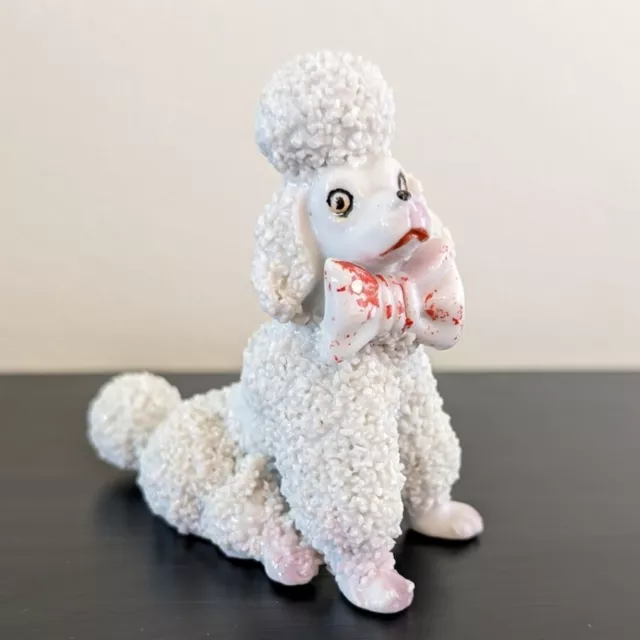 Vintage MCM Porcelain Sugar White Poodle Dog with Red Bow Tie Sitting Japan