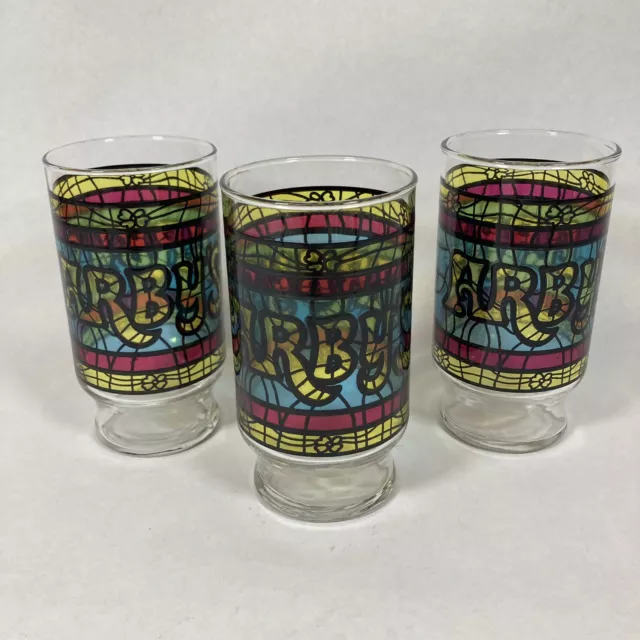Vintage Arbys Restaurant Stained Glass Tumblers 12 Oz. Set Of 3 ‘70s Classic B1