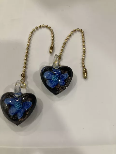 Murano Gold Ceiling Fan Light Pull Blue Aqua Black Floral Heart Hearts Lg Pair