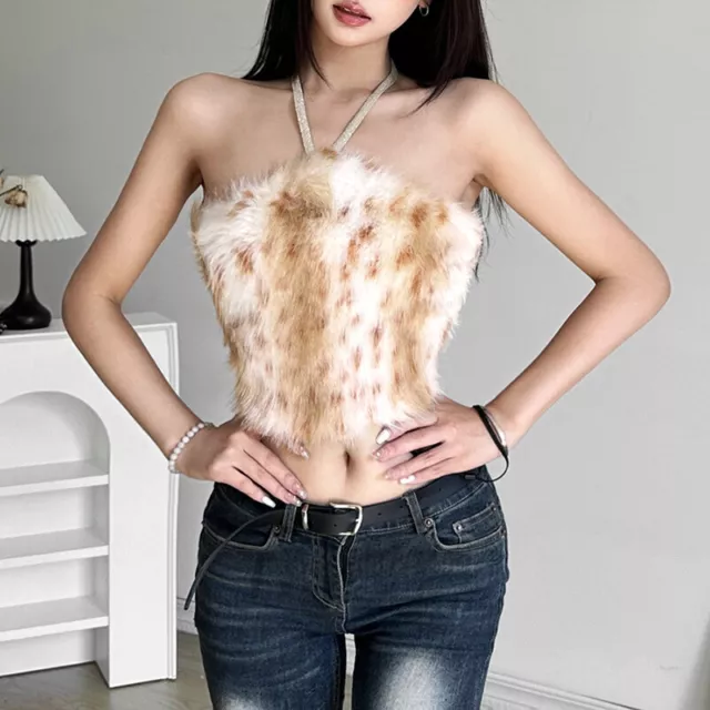 Gilet donna sexy in pelliccia sintetica con appendere collo senza schienale top tagliati moda festa aderente 3