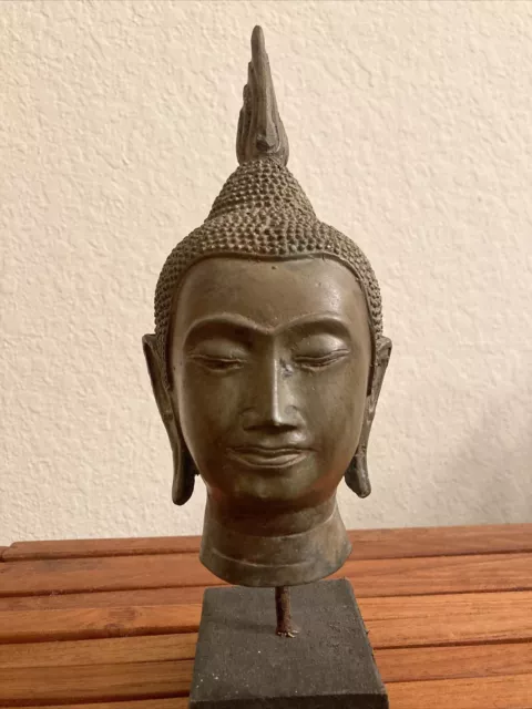 VTG Meditating Buddha Head Without Urna-10" Hollow Mounted on Black Wooden Stand