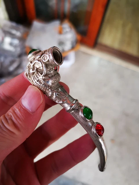 AMAZING VINTAGE Rare OLD Miao Silver Carved Dragon Inlaid Jade Pipe 10cm Sd4