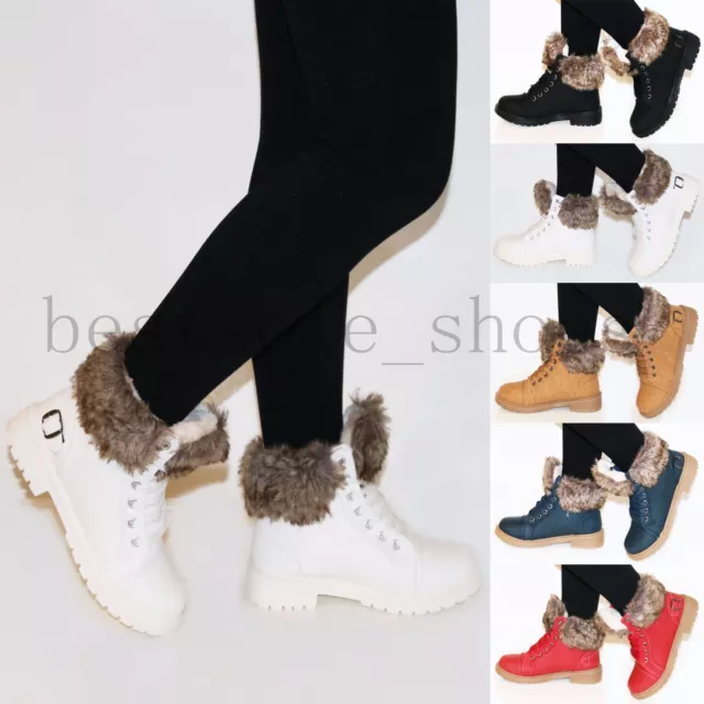 Ladies Women Ankle Boots Combat Flat Grip Sole Boots Fur Lined Winter Shoes Size