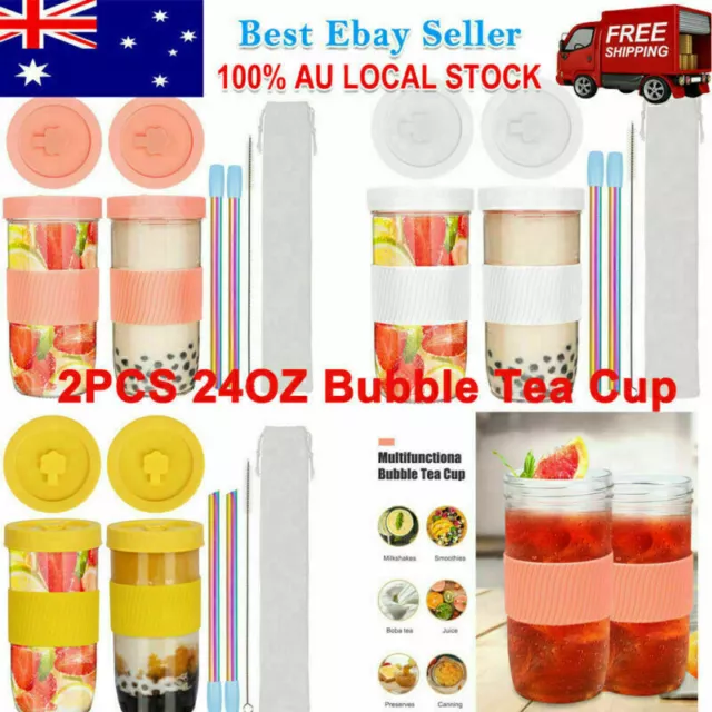 2x 710ml Reusable Boba Cup Bubble Tea Cup Drinking Bottle w/Lid & Cap & Straw AU