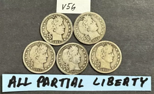 Barber Silver Quarters Lot of 5 PARTIAL LIBERTY 90% Silver Barber Quarters #V5G