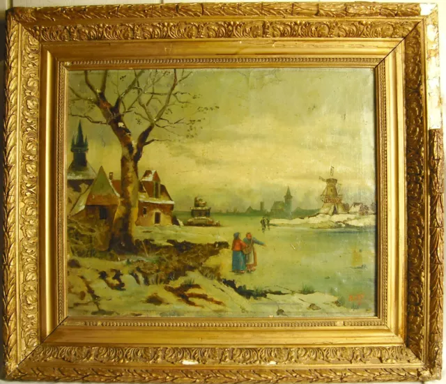 Moulin, Lago Frozen Y Pueblo Óleo sobre Lienzo Paint Pintura Holland C 1900