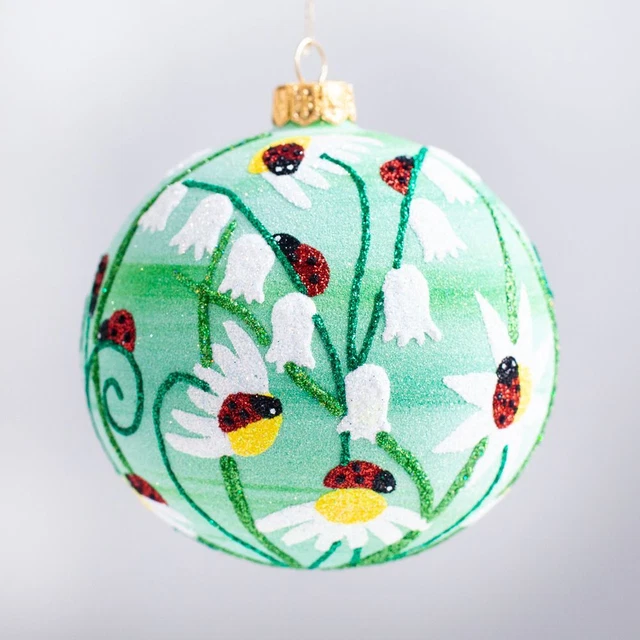 Ladybugs on Flowers Ball Polish Glass Christmas Tree Ornament