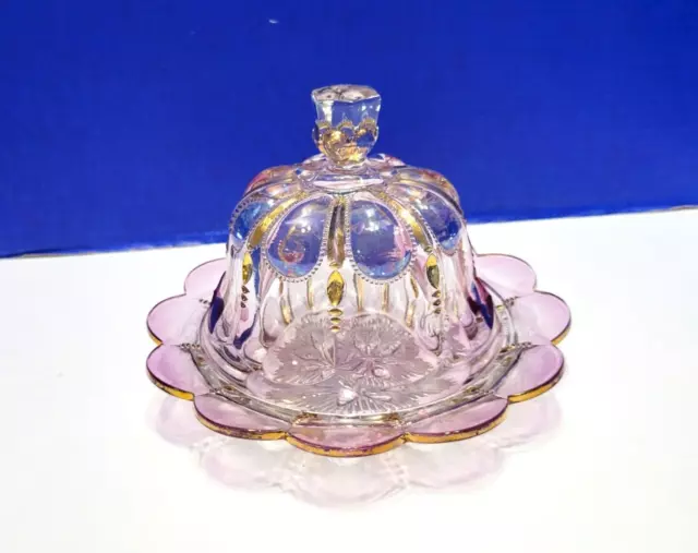 Antique EAPG Glass Butter Dish Domed Lid Pink and Gold Maiden's Blush