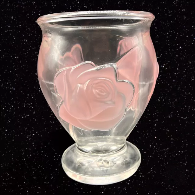 Teleflora Glass Heavy Vase Raised Puff Frosted Pink Roses Lead Crystal France