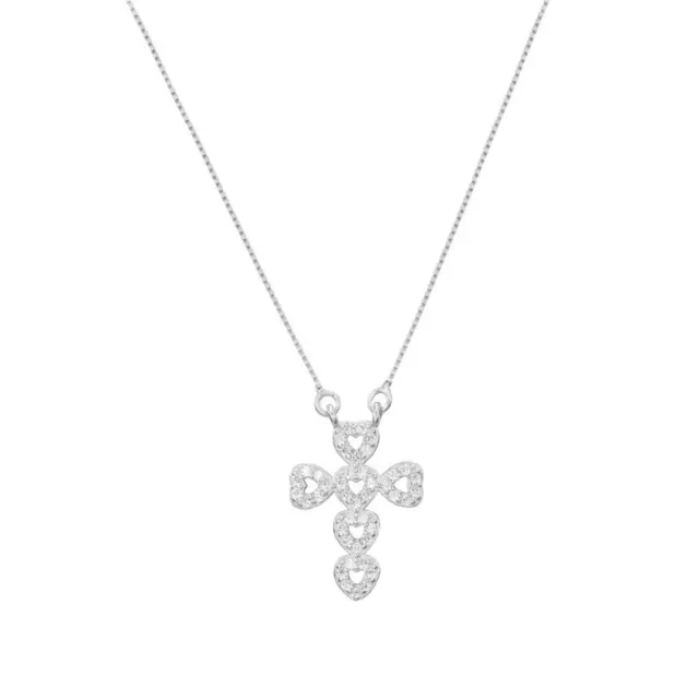 Plata de Ley Corazón Hueco Cruz Amor Micro Pave Cz Collar con Colgante en Caja