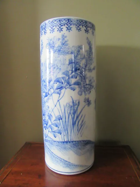 Antique Scenic Landscape White Cobalt Blue Chinese Porcelain Umbrella Stand