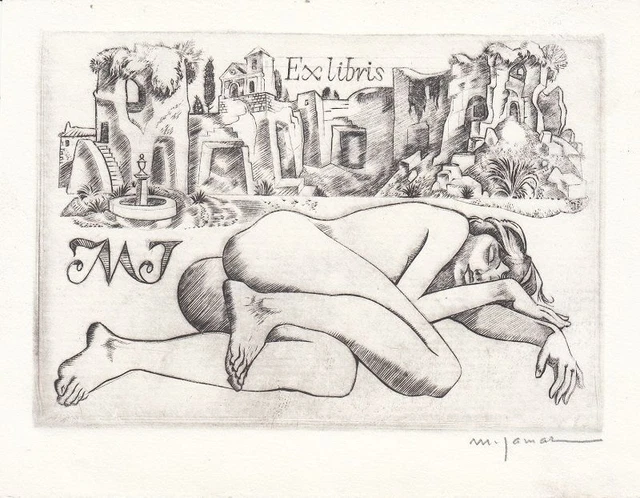 Exlibris Bookplate Gravure sur Cuivre Michel Jamar 1911-1997 Nu Féminin Village