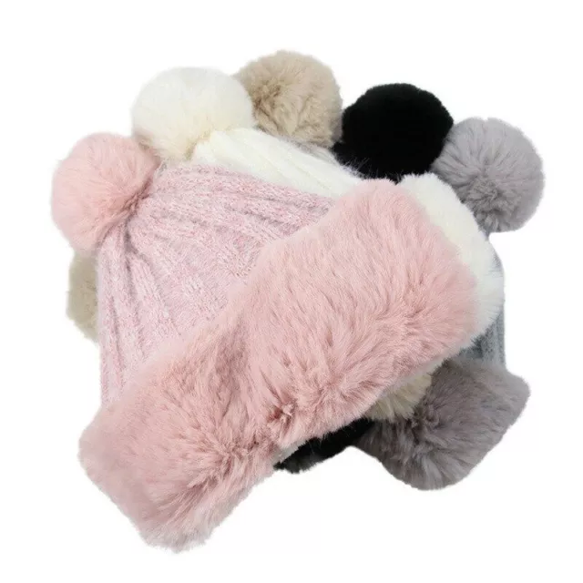 Winter Fleece gefüttert Bobble Pom Pom Beanie Hut mit Kunstpelz Trim Damen Luxus