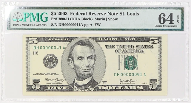 2003 $5 Federal Reserve Note St Louis Fr#1990-H Pmg 64 Epq Low Serial Number 41