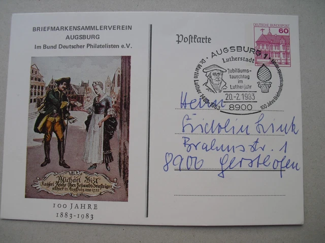 Postkarte Briefmarkenverein Augsburg gelaufen Sonderstempel 1983