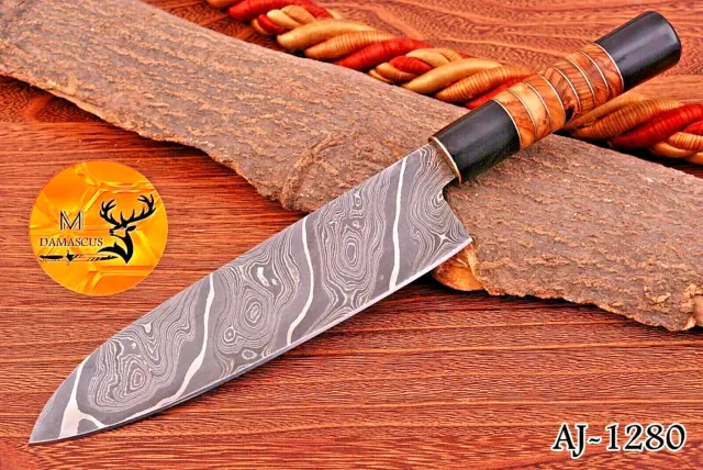 Custom Handmade Forged Damascus Steel Chef Knife Kitchen Santoku Knife 1280