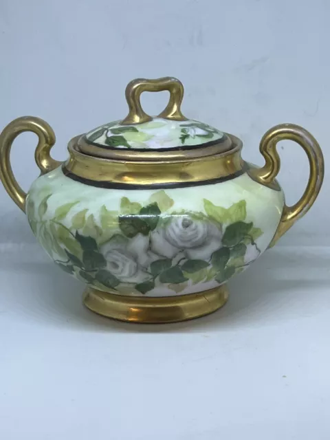 Saxony Antique Hand Painted Gold & Green Rose Themed Sugar Bowl W/Lid 5" Tall