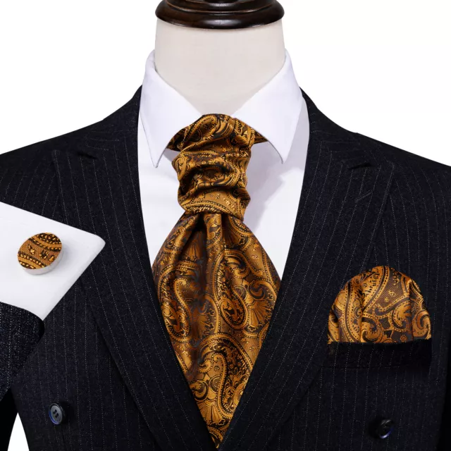 UK Mens Silk Cravat Set Blue Paisley Ascot Wedding Tie Black Gold Vintage Scarf