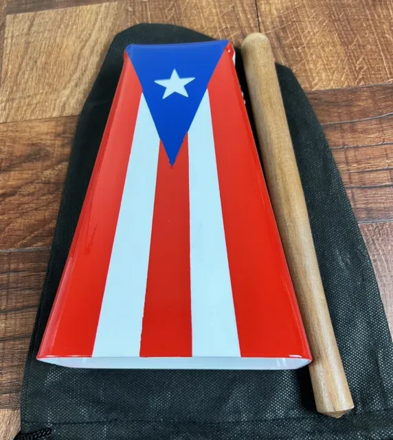 Hand Held Cowbell Painted With Colors Of Puerto Rico Flag, Pouch And Stick TP#5