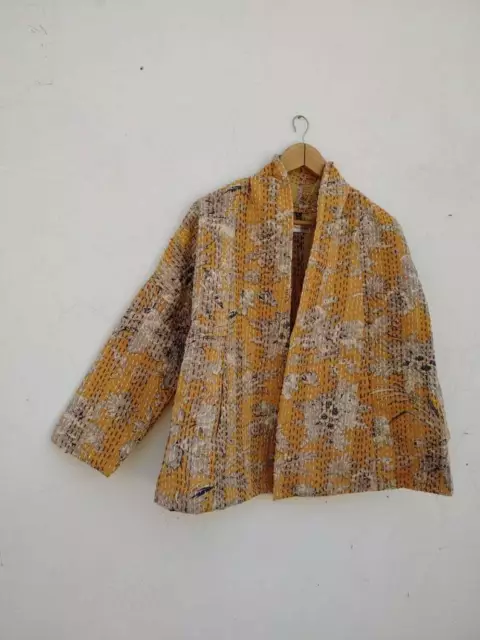 Indian HandMade Kantha Quilt Short Jacket Kimono Women Wear Boho Yellow Color