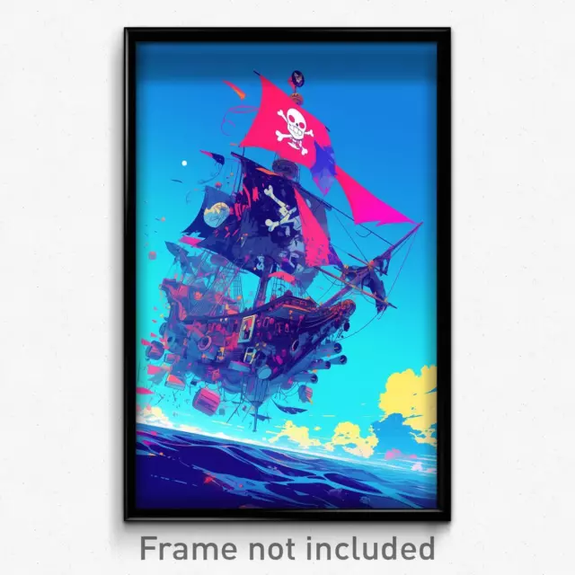 Art Poster - A Floating Pirate Ship Sailing The High Seas, With Jolly Roger