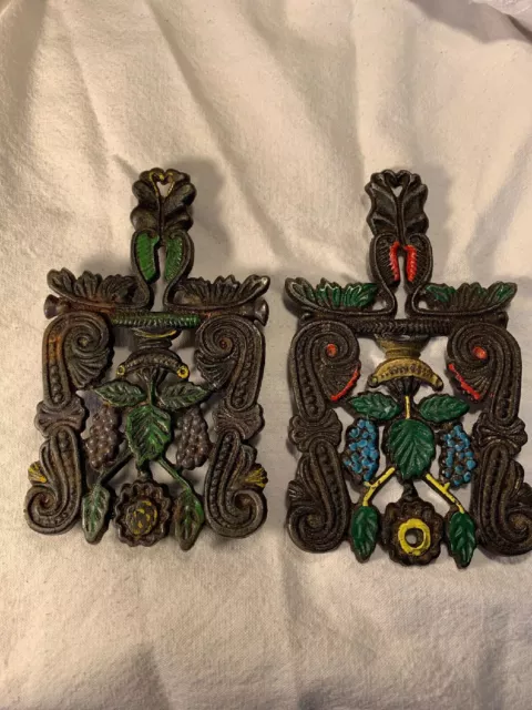 Vintage Black Cast Iron Kitchen Trivet Wall Decor J.Z.H. 1950 8” Wilton Pair