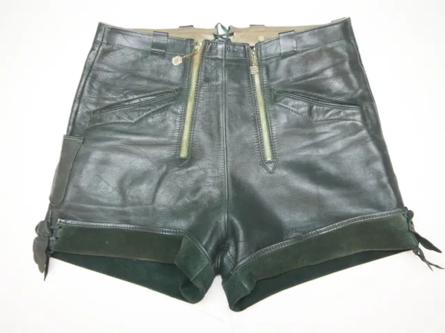 Pantaloni in pelle liscia vintage anni 70/80 corti doppia cerniera bellissimi verde croccante taglia 48