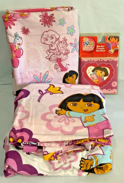 Lot of DORA THE EXPLORER & BOOTS Monkey Pinks & Floral Twin Flat Sheet & Boarder