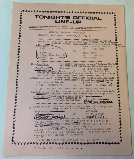 July 11,1981 Americana Wrestling Association Flier ~ Jesse Ventura,Tito Santana,