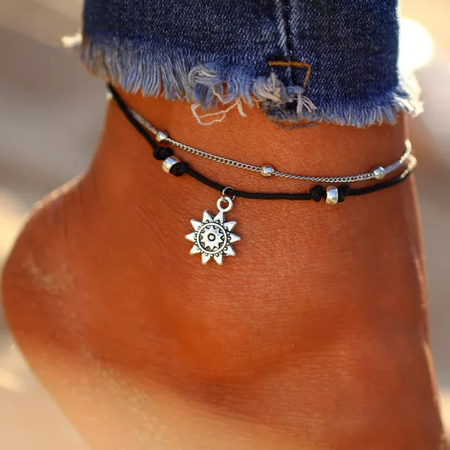 Vintage Boho Ankle Bracelet Beads Anklet Women Sun Pendent Foot Jewelry BS