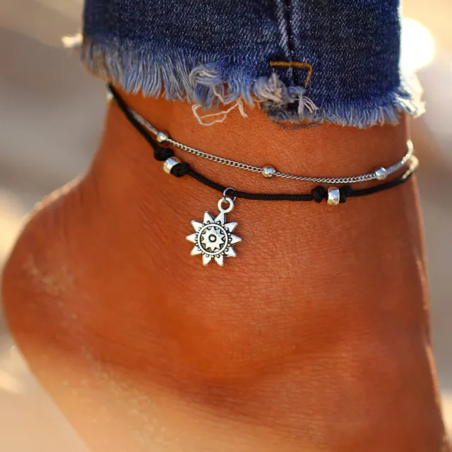 Women Boho Beach Ankle Bracelet Beads Anklet Sun Pendant Foot Jewelry LI