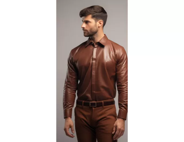 Chemise homme classique marron en cuir formel. T-shirt de motard en cuir en...