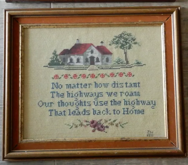 Vtg Framed Needlepoint Verse - "No Matter How Distant" 17x20 under glass