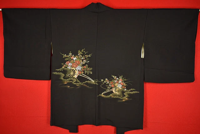 Vintage Japanese Kimono Silk Antique BORO Black HAORI Kusakizome Woven/A806/545