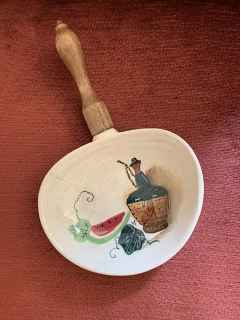 *Vintage Small Ceramic Or Porcelain Skillet Or Dipping  Dish With Wooden Handle