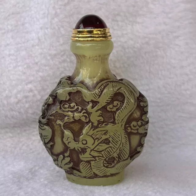 Chinese Artifical Luminous Stone Snuff Bottle Dragon Phoenix Hand Carved