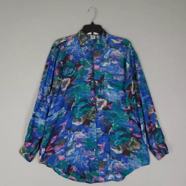 Vintage Punch Blouse Womens M Blue Silk Floral Watercolor Abstract Top Shirt 90s