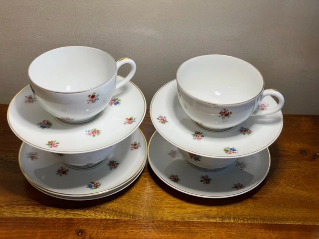 4  Tasses et sous tasses à café en porcelaine de Limoges déco petites fleurs 🌺