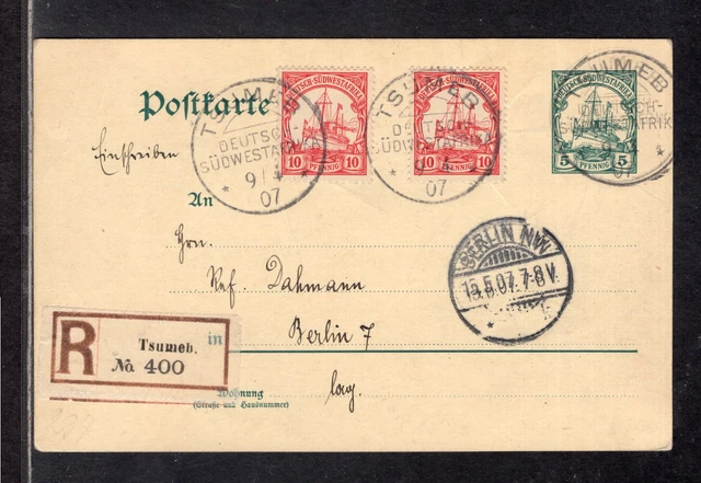 DSWA Mi 13 (2) auf Karte als Einschreiben Tsumeb 9.4.07 nach Berlin