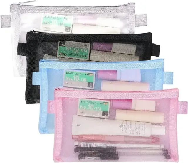 Transparent Mesh Pencil Bags,4Pcs Zipper Mesh Pencil Case Storage Bags,Exam