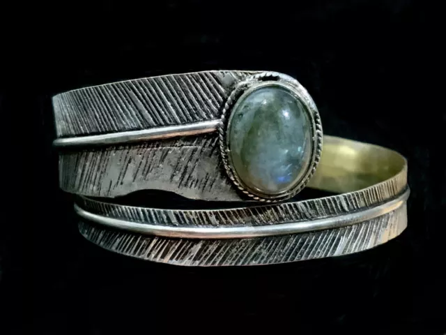 Vintage Labradorite & Silver Feather Native Tribal Arm Cuff Bracelet Bangle