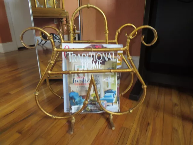 Hollywood Regency Faux-Bamboo gold-leaf metal Magazine Rack 1950s