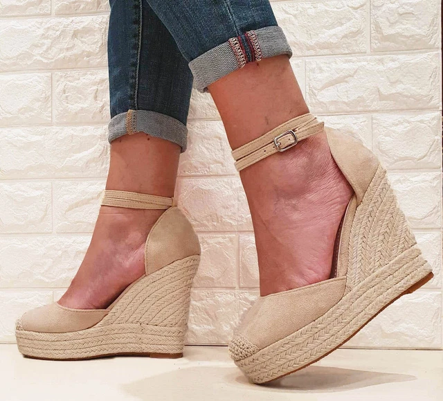 scarpe donna estive sandali espadrillas con zeppe alte zeppa nero beige camoscio