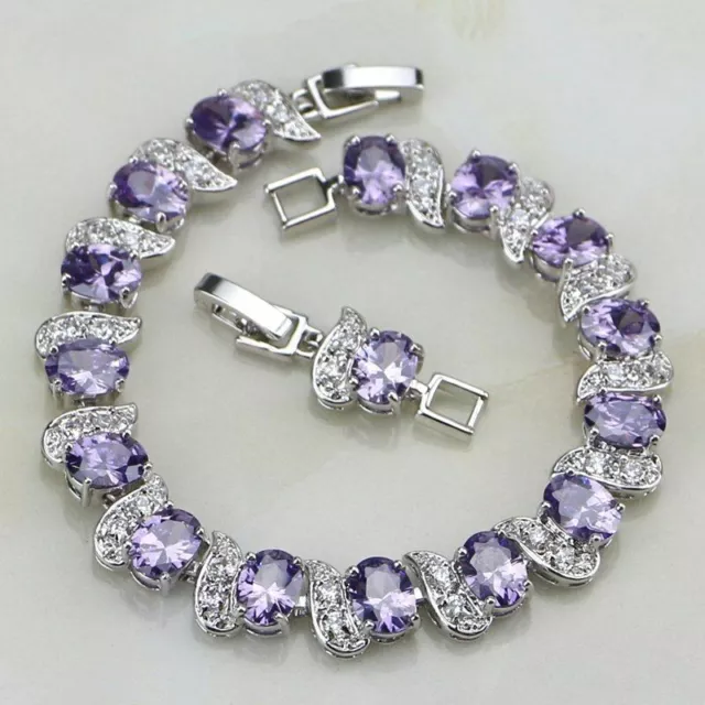 Purple Amethyst Water Drop 925 Sterling Silver Bracelet White Topaz Link Chain