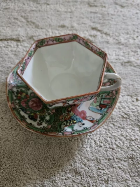 Chinese Antique Rose Medallion  Tea Cup Saucer Octagon Cup Luster Accents...