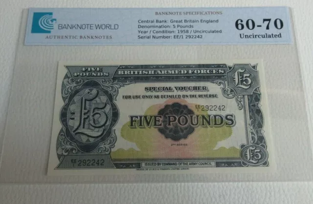 BRITAN ARMED FORCES £5 NOTE Uncirculated 1958 FIVE Pound GRADED EE1 292242