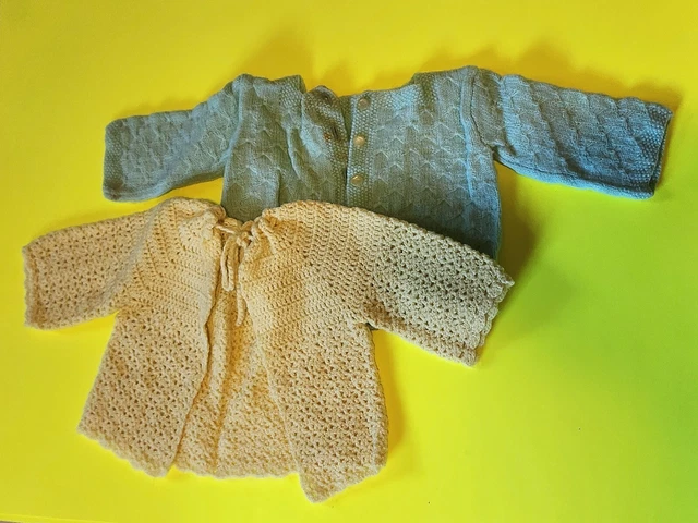 2 Vintage Crochet Knit Baby Sweaters - Beige And Blue