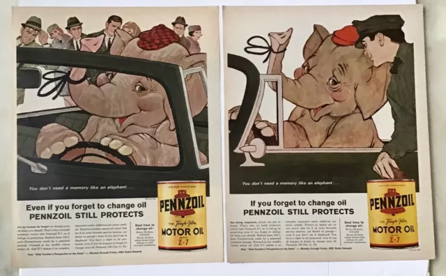 Two 1963 magazine ads for Pennzoil - You Don't Need Elephant's memory