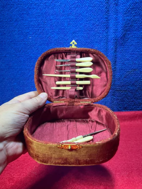 Antique Celluloid Sewing Tool Kit with Velvet Case. AA-228